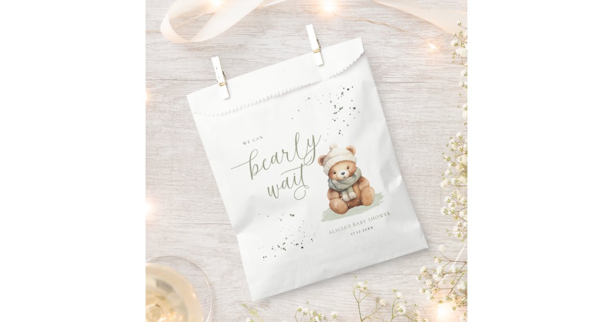 We Can Bearly Wait Sage Baby Shower Gift Tag Favor Bag