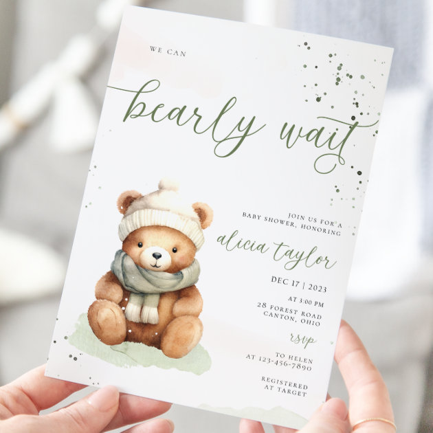 We Can Bearly Wait Sage Baby Shower Invitation