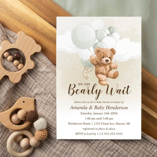 We can Bearly Wait sage Baby Shower Invitation
