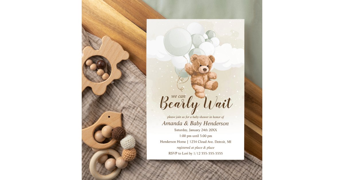 We can Bearly Wait (sage) Baby Shower Invitation | Zazzle
