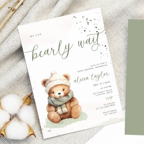 We Can Bearly Wait Sage Baby Shower Invitation