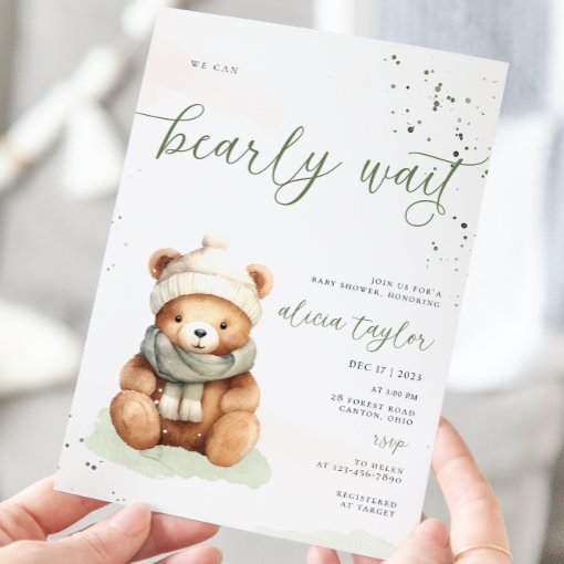 We Can Bearly Wait Sage Baby Shower Invitation | Zazzle