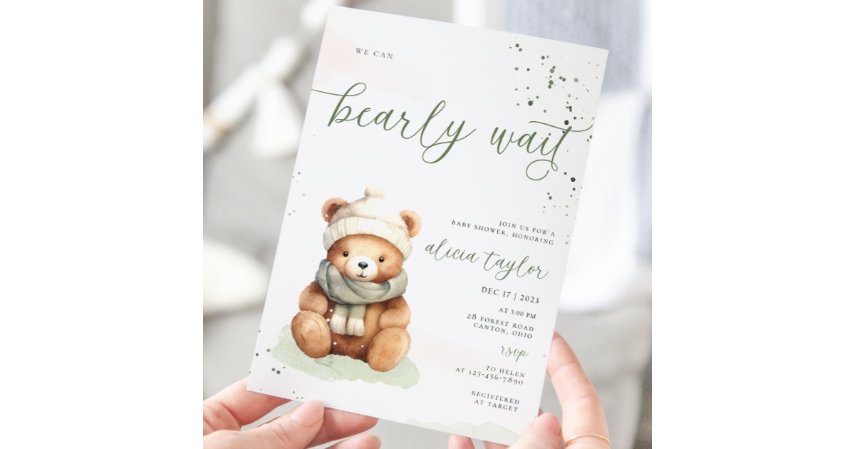 We Can Bearly Wait Sage Baby Shower Invitation | Zazzle