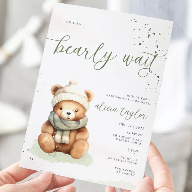 We Can Bearly Wait Sage Baby Shower Invitation | Zazzle