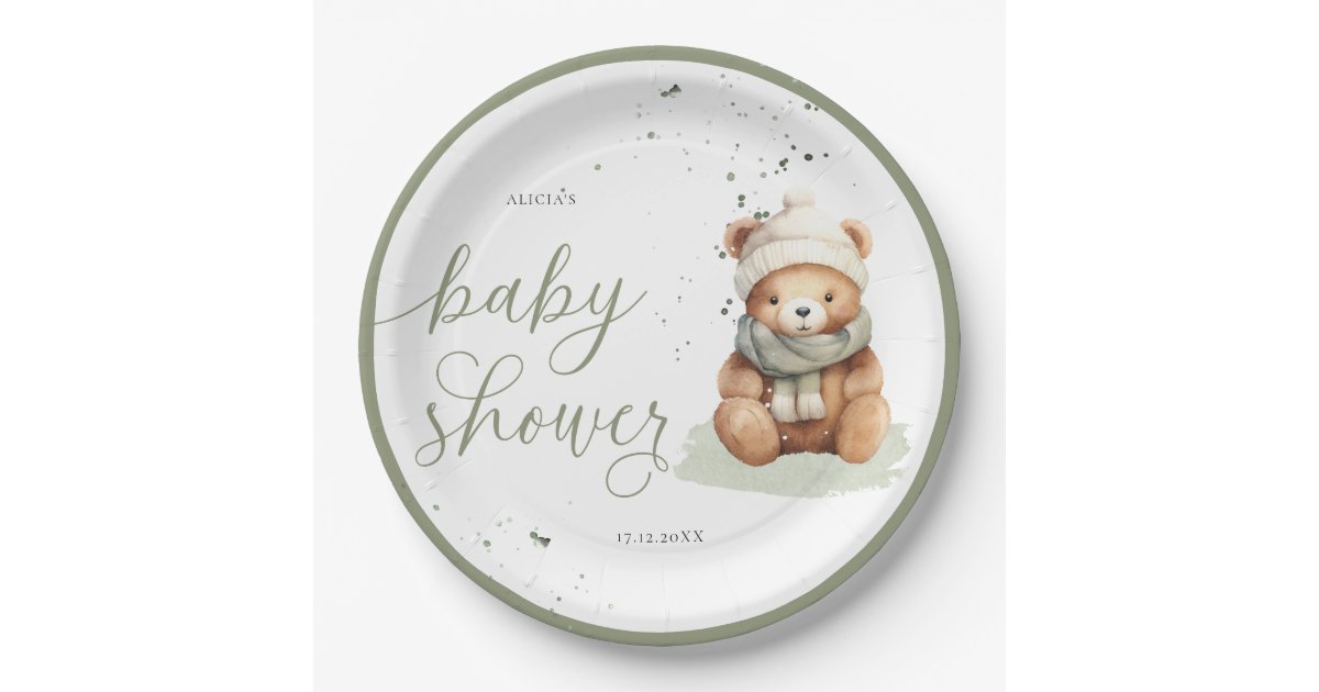 We Can Bearly Wait Sage Baby Shower Paper Plates