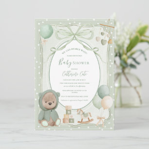 We Can Bearly Wait Sage Green Baby Shower Invitation