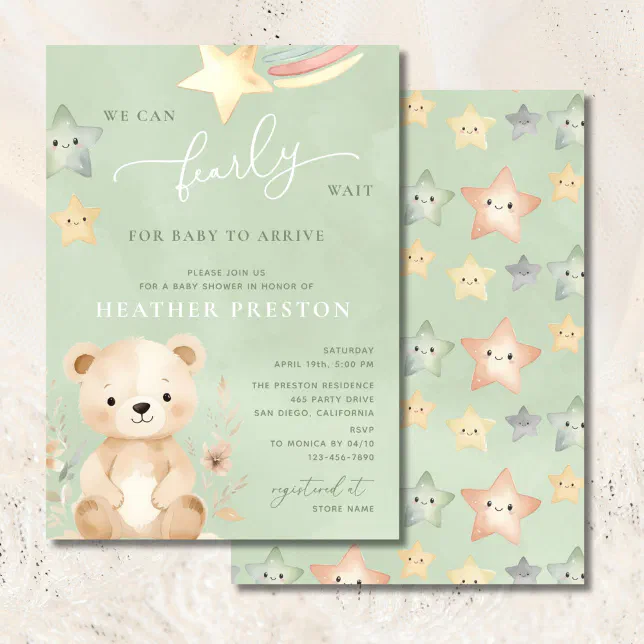 We Can Bearly Wait Sage Green Baby Shower Invitation | Zazzle