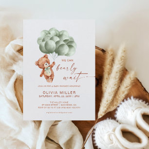 We Can Bearly Wait Sage Green Bear Baby Shower Invitation