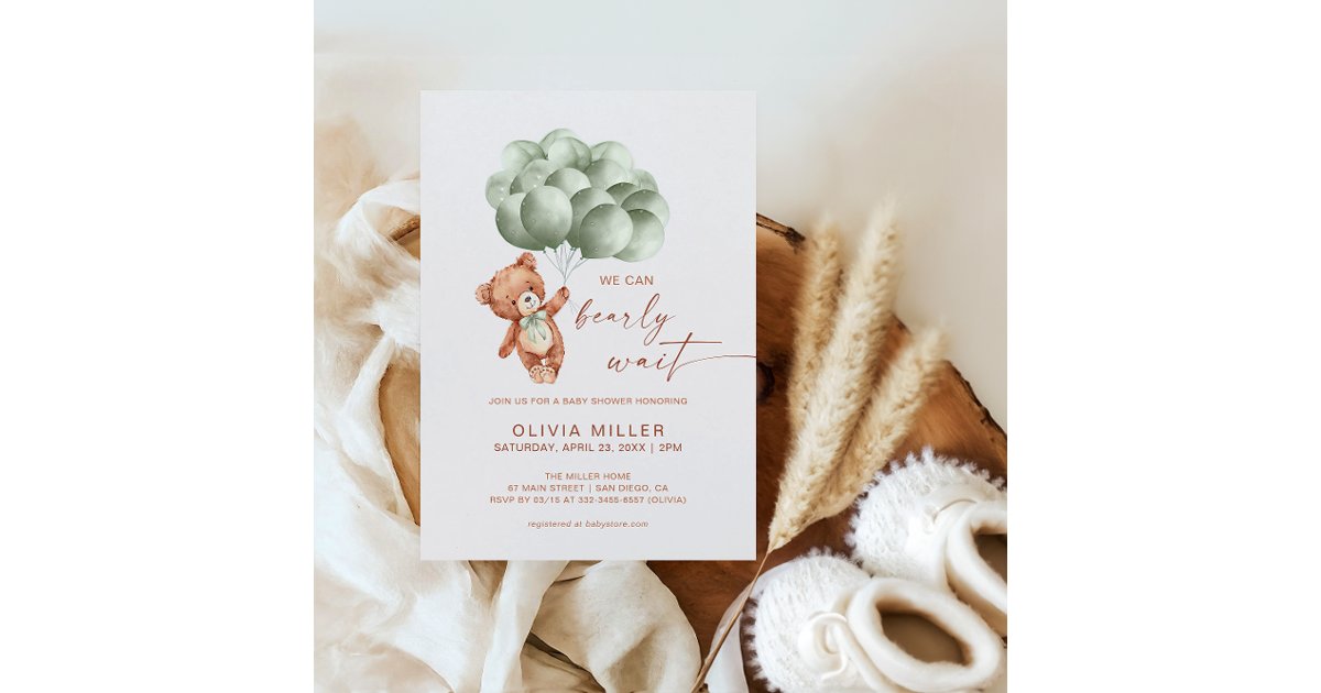 We Can Bearly Wait Sage Green Bear Baby Shower Invitation | Zazzle