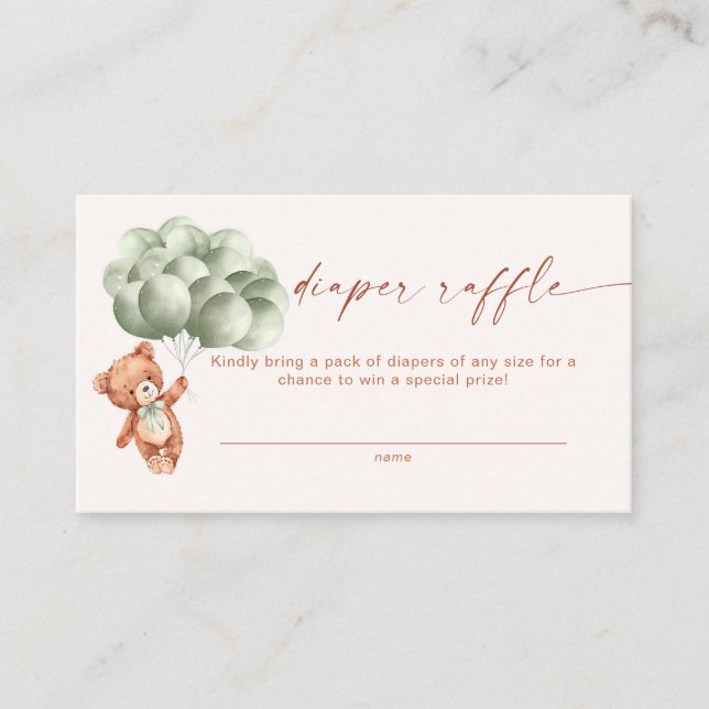 We Can Bearly Wait Sage Green Teddy Diaper Raffle Enclosure Card (Front)