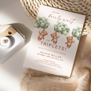 We Can Bearly Wait Sage Green Triplets Baby Shower Invitation