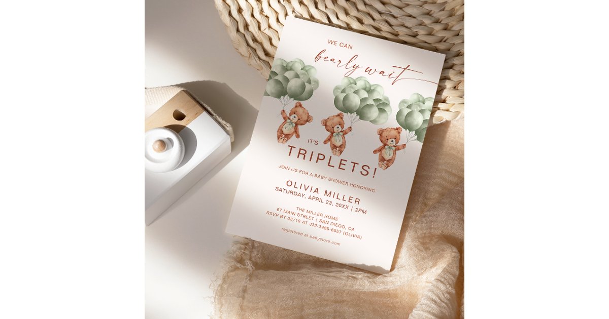 We Can Bearly Wait Sage Green Triplets Baby Shower Invitation | Zazzle