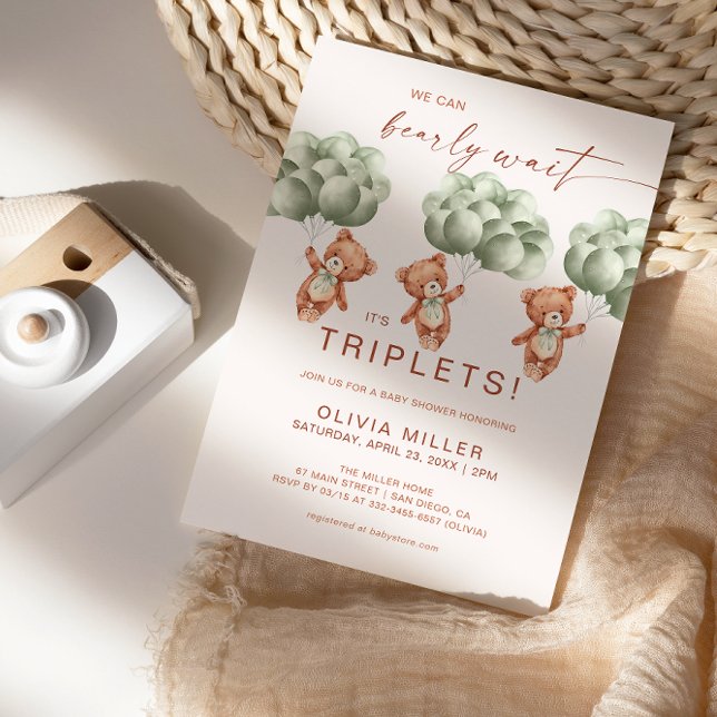 We Can Bearly Wait Sage Green Triplets Baby Shower Invitation (Creator Uploaded)