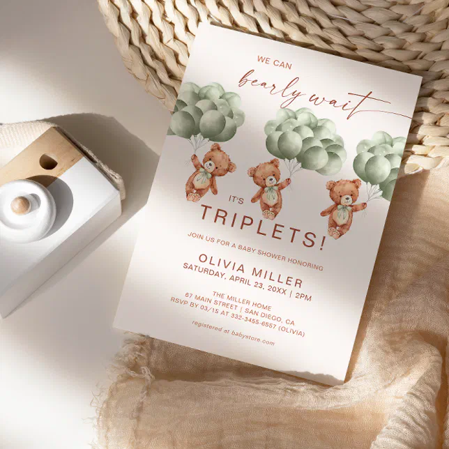 We Can Bearly Wait Sage Green Triplets Baby Shower Invitation | Zazzle