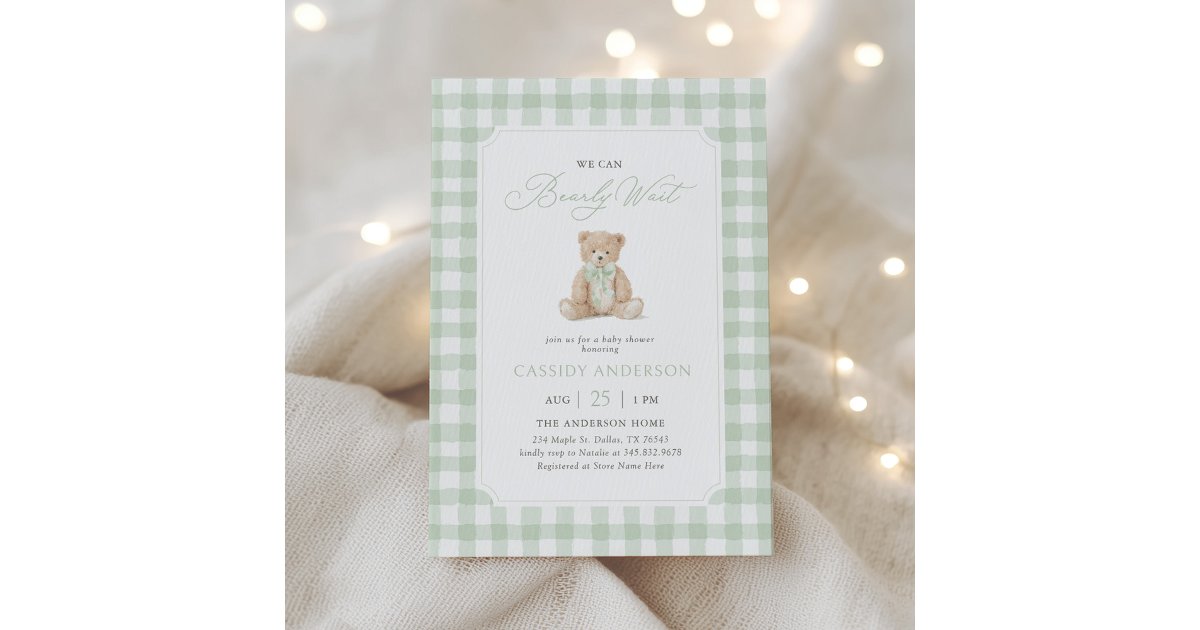 We Can Bearly Wait Sage Teddy Bear Baby Shower Invitation | Zazzle
