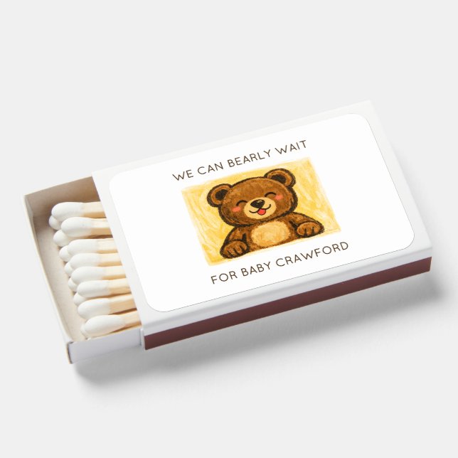 We Can Bearly Wait! Simple Hand Drawn Baby Shower Matchboxes (Front Open)