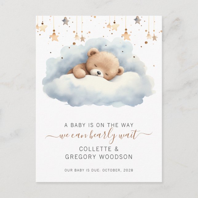 We Can Bearly Wait Sleeping Baby Bear Pregnancy  Announcement Postcard (Front)