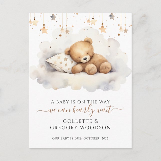 We Can Bearly Wait Sleeping Teddy Bear Pregnancy A Announcement Postcard (Front)