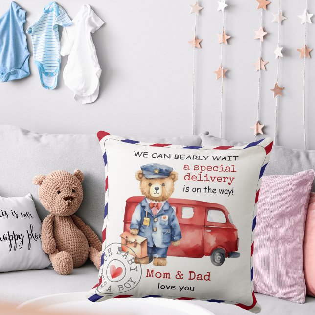 We Can Bearly Wait Special Delivery Baby Shower Throw Pillow (Creator Uploaded)