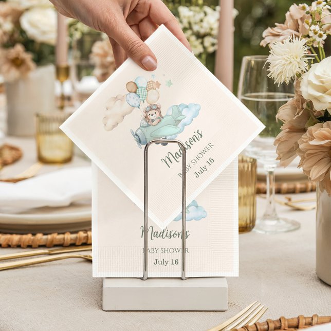 We Can Bearly Wait Tedd Aviator Cocktail Tableware Napkins (Aviator Teddy Bear Baby Shower Paper Napkins. Blue Boy Party Decor. We Can Bearly Wait theme.)
