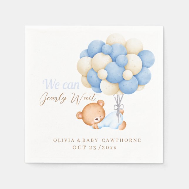We can Bearly Wait Teddy Balloon Baby Boy Shower  Napkins (Front)