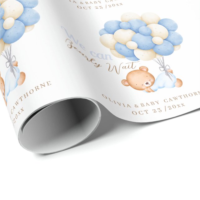 We can Bearly Wait Teddy Balloon Baby Boy Shower Wrapping Paper (Roll Corner)