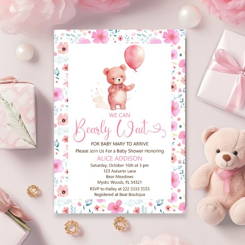 We Can Bearly Wait Teddy Balloon Pink Invitation