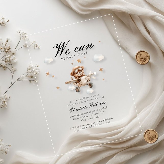 We Can Bearly Wait! Teddy Bear & Airplane  Acrylic Invitations (We Can Bearly Wait! Teddy Bear & Airplane Baby Shower  Transparent Acrylic Invitations.)
