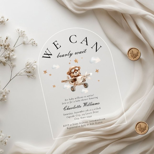 We Can Bearly Wait! Teddy Bear & Airplane  Acrylic Invitations (We Can Bearly Wait! Teddy Bear & Airplane Arch Baby Shower  Transparent Acrylic Invitations.)