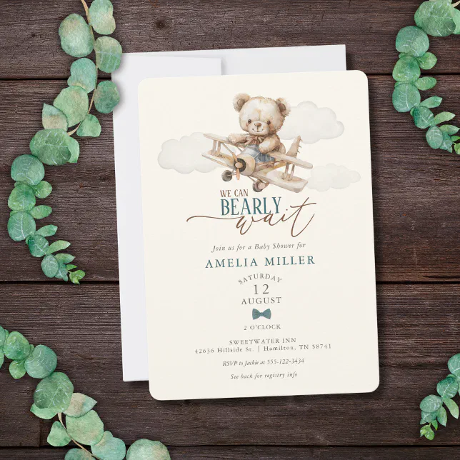 We Can Bearly Wait Teddy Bear Airplane Baby Shower Invitation | Zazzle