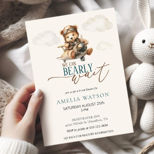 We Can Bearly Wait Teddy Bear Airplane Baby Shower Invitation