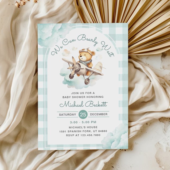 We Can Bearly Wait Teddy Bear Airplane Baby Shower Invitation (Creator Uploaded)