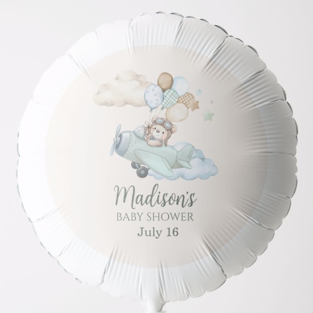 We Can Bearly Wait Teddy Bear Airplane Blue Boy Balloon (Front)