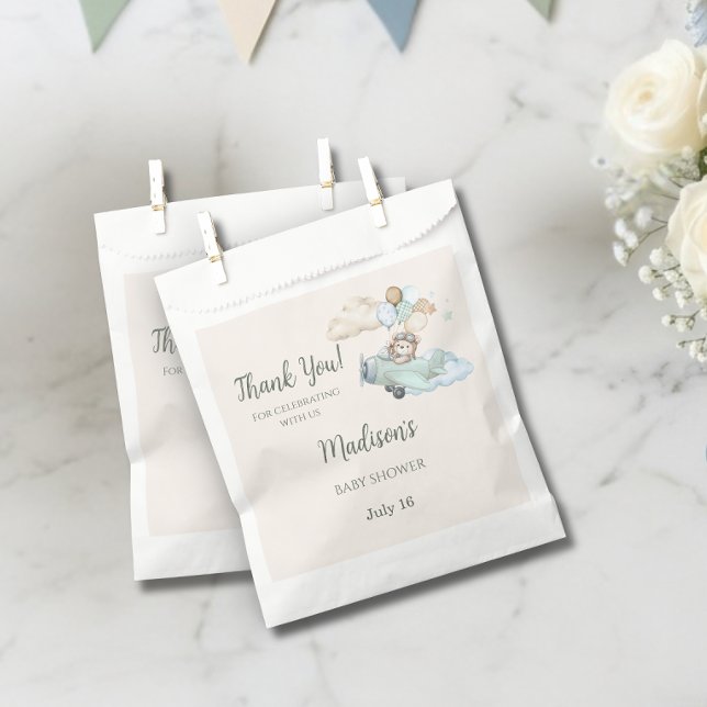 We Can Bearly Wait Teddy Bear Airplane Blue Boy Favor Bag (Aviator Teddy Bear Baby Shower Favor Bag. Blue Boy Airplane. We Can Bearly Wait.)