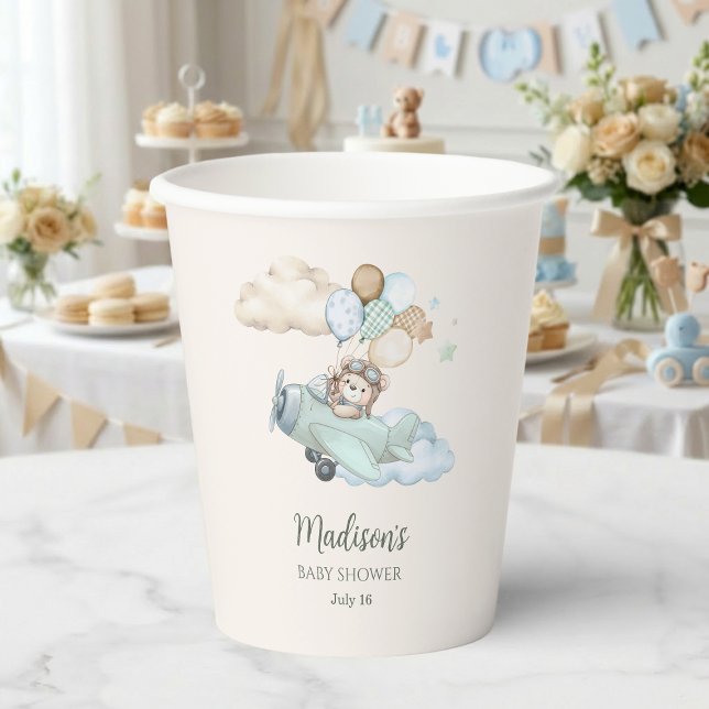 We Can Bearly Wait Teddy Bear Airplane Blue Boy Paper Cups (Aviator Teddy Bear Baby Shower Paper Cup. Blue Boy Airplane. We Can Bearly Wait.)