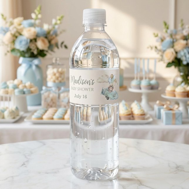 We Can Bearly Wait Teddy Bear Airplane Blue Boy Water Bottle Label (Creator Uploaded)