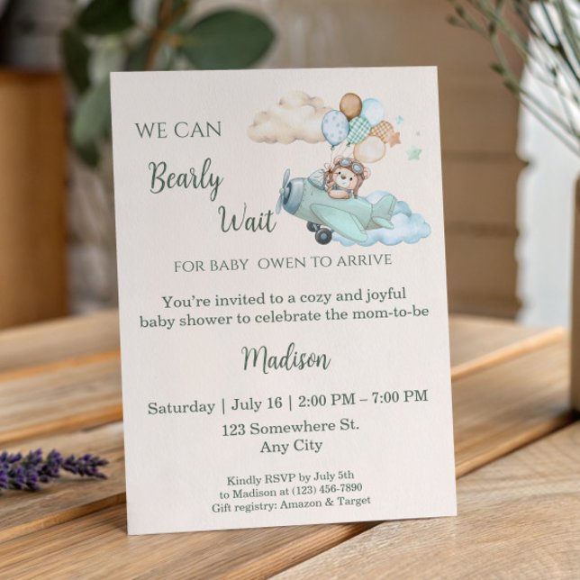 We Can Bearly Wait Teddy Bear Airplane Boy Baby Invitation (Aviator Teddy Bear Baby Shower Invitation. Blue Boy Airplane. We Can Bearly Wait.)