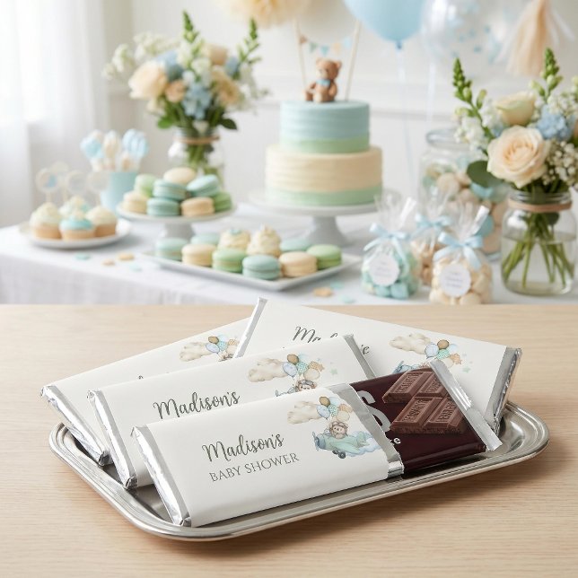 We Can Bearly Wait Teddy Bear Airplane Hershey Bar Favors (Aviator Teddy Bear Baby Shower Chocolate Bar. Blue Boy Airplane. We Can Bearly Wait.)