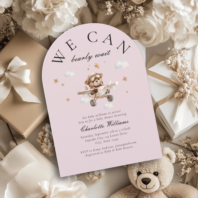 We Can Bearly Wait! Teddy Bear & Airplane  Invitation (We Can Bearly Wait! Cute, modern, pink, baby shower arch invitation.)