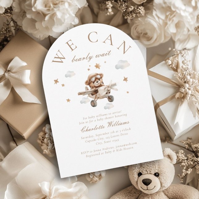 We Can Bearly Wait! Teddy Bear & Airplane  Invitation (We Can Bearly Wait! Cute, modern, white, baby shower arch invitation.)