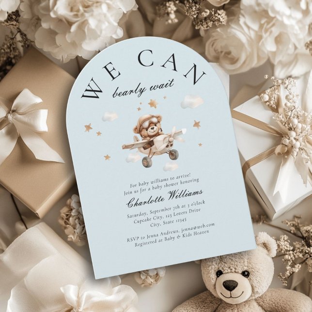 We Can Bearly Wait! Teddy Bear & Airplane  Invitation (We Can Bearly Wait! Cute, modern, blue, baby shower arch invitation.)