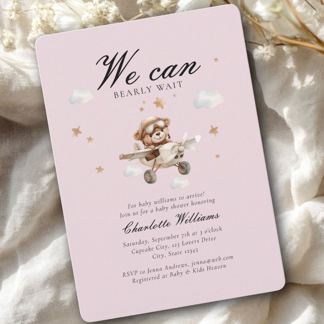 We Can Bearly Wait! Teddy Bear & Airplane  Invitation (We Can Bearly Wait! Cute Bear & Plain Baby Shower Invitation)