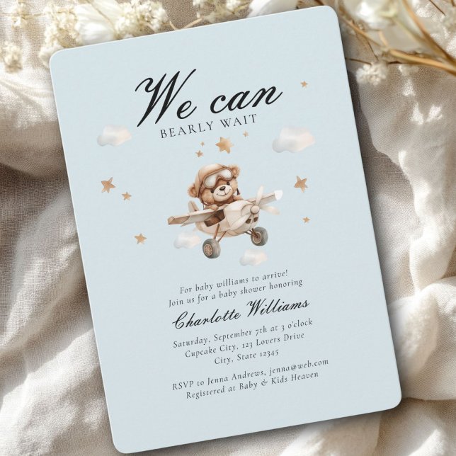 We Can Bearly Wait! Teddy Bear & Airplane  Invitation (We Can Bearly Wait! Cute Bear & Plain Baby Shower Invitation)