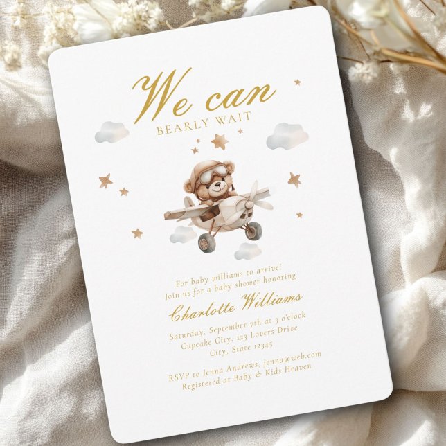 We Can Bearly Wait! Teddy Bear & Airplane  Invitation (We Can Bearly Wait! Cute Bear & Plain Baby Shower Invitation)
