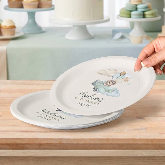 We Can Bearly Wait Teddy Bear Airplane Tabeware Paper Plates (Aviator Teddy Bear Baby Shower Paper Plates. Blue Boy Party Decor. We Can Bearly Wait theme.)