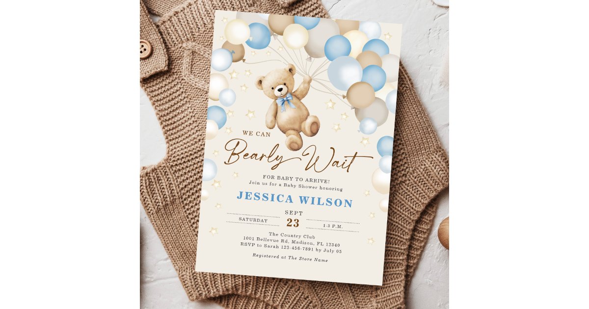 We Can Bearly Wait Teddy Bear Baby Boy Shower Invitation | Zazzle