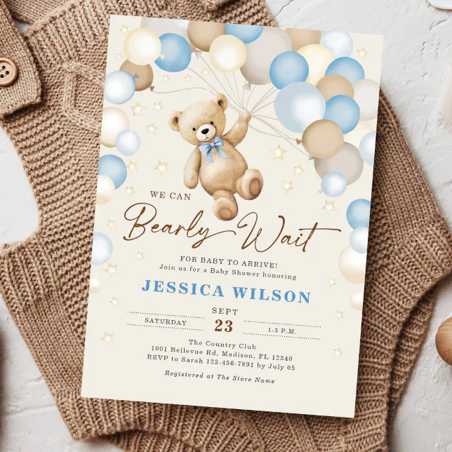 We Can Bearly Wait Teddy Bear Baby Boy Shower Invitation | Zazzle