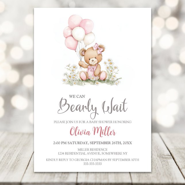 We Can Bearly Wait Teddy Bear Baby Girl Shower Invitation (Creator Uploaded)