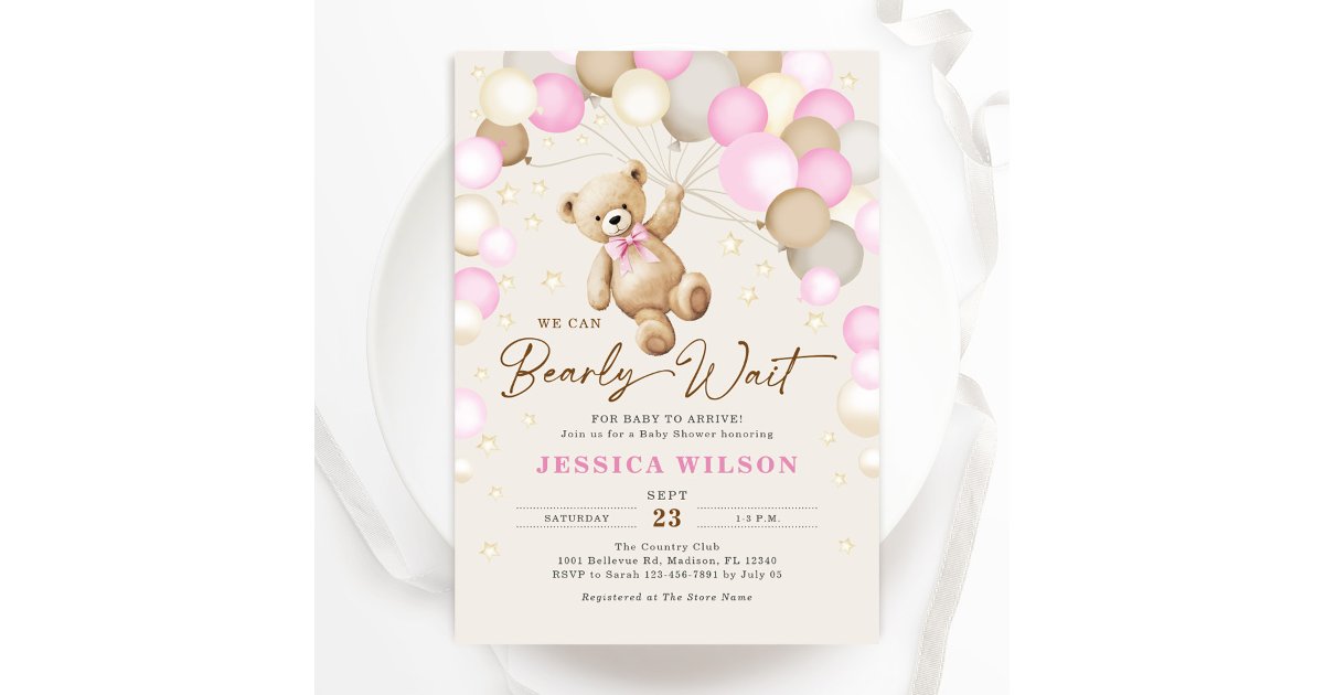We Can Bearly Wait Teddy Bear Baby Girl Shower Invitation | Zazzle