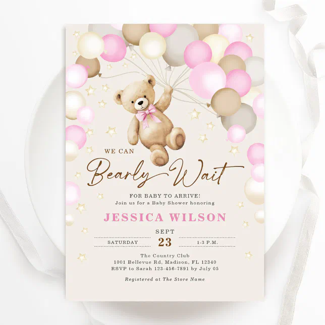 We Can Bearly Wait Teddy Bear Baby Girl Shower Invitation | Zazzle